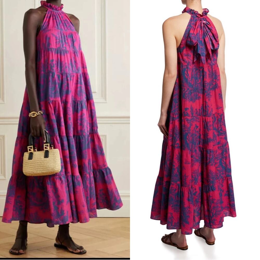 Gorgeous French Toile Print Tiered Halter Midi Dress Fuchsia & Blue SZ M Resort